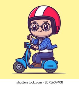 Cute Boy Riding Scooter Cartoon Vector Icon Illustration. People Transportation Icon Concept Isolated Premium Vector. Flat Cartoon Style