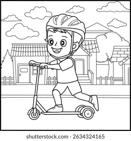 Cute boy riding a scooter on a suburban street, perfect as a joyful coloring page for kids' activities, outdoor play themes, and preschool coloring book designs.