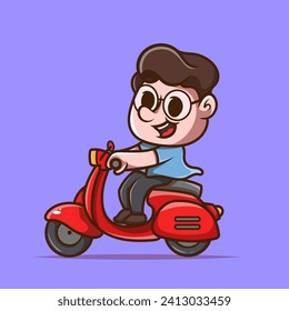 Cute Junge reiten Vespa Cartoon Symbol Illustration. lustiger Geschenkkartoon. Business Icon Konzept. Flacher Cartoon-Stil	