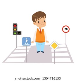 Cute Boy and Road Signs, Child Learning Rules of Road, Safety of Kids in Traffic Vector Illustration