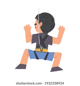 Cute Boy Rock Climber Character, Back View of Kid Wearing Shorts and T-shirt Climbing Wall on Ropes, Boy Doing Sports or Having Fun in Adventure Park Vector Illustration