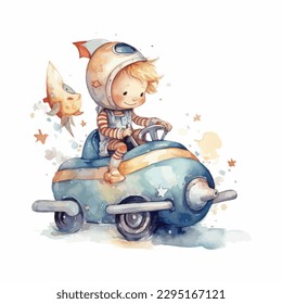 A cute boy with rocket, cartoon watercolor white background