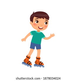 Cute boy roller skating flat vector illustration. Little boy using rollerskate cartoon character. Kid with self balancing isolated on white. Sport and recreation