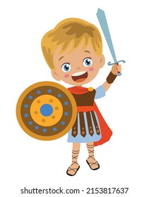 cute boy in roman military costume