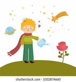 cute boy and rose flower. Nursery poster or print for baby room, shower card. Illustration with space elements.