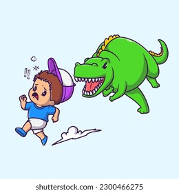 Cute Boy Running From Dinosaur Cartoon Vector Icon Illustration. People Animal Icon Concept Isolated Premium Vector. Flat Cartoon Style