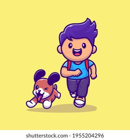 Cute Boy Running With Dog Cartoon Vector Icon Illustration. People Animal Icon Concept Isolated Premium Vector. Flat Cartoon Style