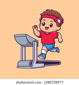 Cute Boy Running On Treadmill Cartoon Vector Icon Illustration. People Sport Icon Concept Isolated Premium Vector. Flat Cartoon Style