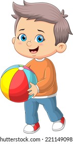 The cute boy is running and playing the rainbow ball of illustration
