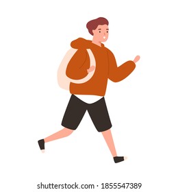 Cute boy running to school. Portrait of teenage schoolboy in hurry with backpack. Flat vector cartoon illustration of male pupil in haste isolated on white