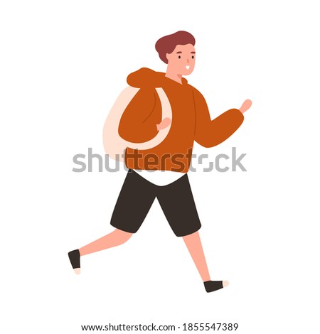 Cute boy running to school. Portrait of teenage schoolboy in hurry with backpack. Flat vector cartoon illustration of male pupil in haste isolated on white