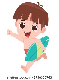 Cute Boy Running with Surfboard Cartoon Summer Beach Kid Illustration