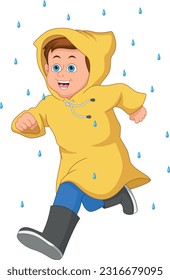 cute boy running wearing raincoat and boots in the rain