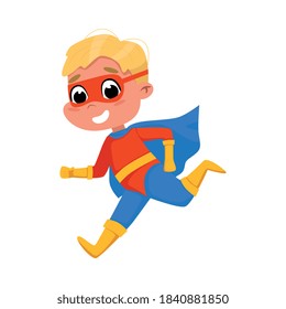 Cute Boy Running Wearing Superhero Costume and Cape, Adorable Smiling Kid Superhero Character Cartoon Style Vector Illustration