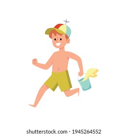 Cute boy runs to play with sand on sea coast, flat vector illustration isolated.