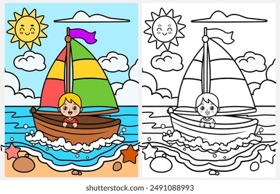 Niño lindo que navega en un barco para colorear página para niños, dibujos para colorear de verano para niños