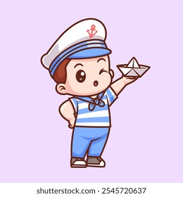 Cute Boy Sailor Captain Holding Paper Boat Cartoon Vetor 
Ilustração de Ícone. Conceito de Ícone de Feriado de Pessoas Isolado 
Vetor Premium. Estilo de Desenho Animado Plano 