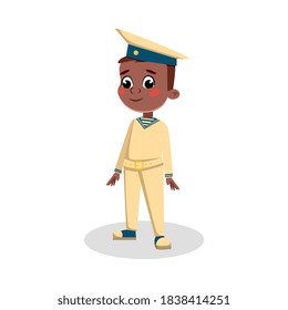 Carácter de marinero de niño pequeño en uniforme y gorra, afición infantil o futura profesión Concepto de dibujos animados Ilustración vectorial de tipo caricatura