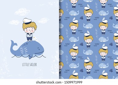 Cute boy sailor on the whale Characters. Cartoon marine kids card template and seamless background pattern. Hand drawn baby clothes print design vector illustration.