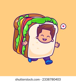 Cute Boy In Sandwich Cartoon Vector Icon Illustration. People Food Icon Concept Isolated Premium Vector. Flat Cartoon Style