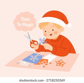 Cute boy in Santa hat making paper snowflakes. Cozy Scandinavian minimalism winter craft scene with festive mood. Text: Time to Magic. Perfect for Christmas design and kids activities.