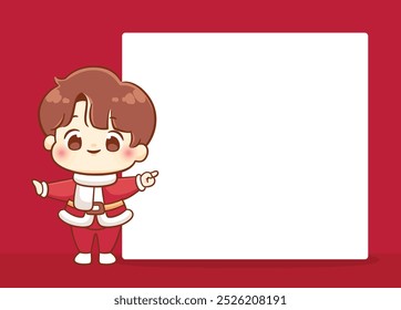 Menino bonito Papai Noel mostrando quadro branco vazio Natal