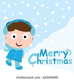 Cute boy say hello on snow background vector carton for Xmas postcard, wallpaper, greeting card, vector illustration