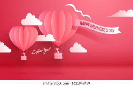 Cute Boy saying I Love You to His Girlfriend flying from Hot Air Balloon in Paper Cut for Happy Valentine's Day.