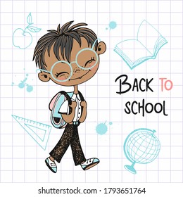 Cute boy with a school backpack goes to school. Back to school. Vector.