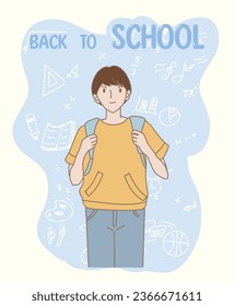 Cute boy with school backpack standing with back to school drawing doodles background. Little student going to study. Hand drawn flat cartoon character vector illustration.