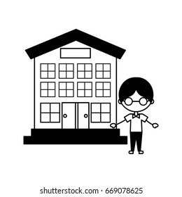 cute boy with school building character icon