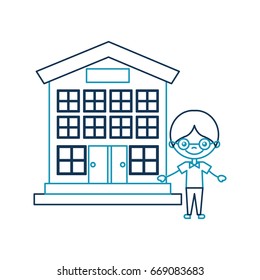 cute boy with school building character icon