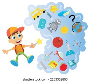 Cute boy and school objects around