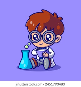 Cute a boy scientist holding a book and with a tube cartoon icon illustration. vector icon concept. Flat cartoon style