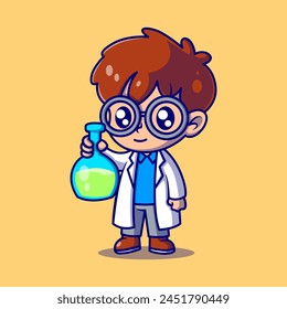 Cute a boy scientist holding a tube cartoon icon illustration. vector icon concept. Flat cartoon style