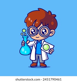 Cute a boy scientist holding a tube and a note cartoon icon illustration. vector icon concept. Flat cartoon style