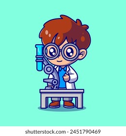Cute a boy scientist with a microscope cartoon icon illustration. vector icon concept. Flat cartoon style