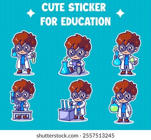 Cute a boy scientist with tubes cartoon icon illustration. vector icon concept. Flat cartoon style