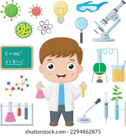 Cute boy scientists with laboratory equipment elements