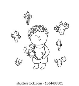 cute boy with scorpion among the cacti coloring illustration vector