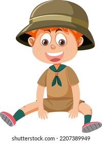 Cute boy scout cartoon character sitting illustration