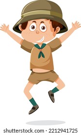 Cute Boy Scout Cartoon Character Jumping Illustration