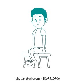 Cute boy seated on blue lines