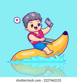 Cute Boy Selfie on Banana Boat Cartoon Vector Icon Illustration. People Holiday Icon Concept Isolated Premium Vector. Flat Cartoon Style