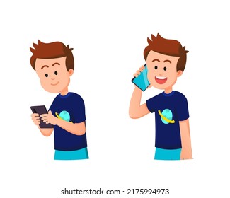cute boy sends messages and calls with his smartphone
