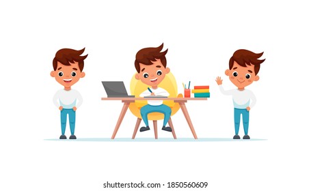 Cute Boy Set With Different Gestures And Poses Isolated On White Background. Boy Study At The Table At Home. Smiling Kid Waving His Hand In Greeting Or Goodbye. Cartoon Vector Illustration