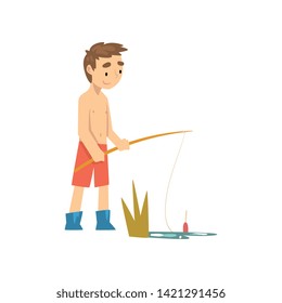 Cute Boy in Shorts and Rubber Boots Fishing with Fishing Rod, Little Fisherman Cartoon Character Vector Illustration