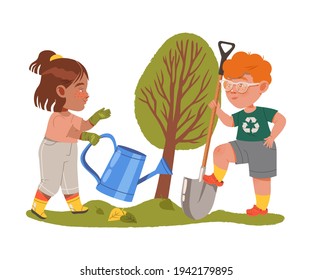 Cute Boy with Shovel and Girl with Watering Can Planting Tree Caring About Nature Vector Illustration
