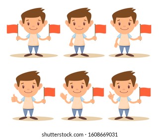 The cute boy show Hand symbol and flag. Vector flat design illustration.