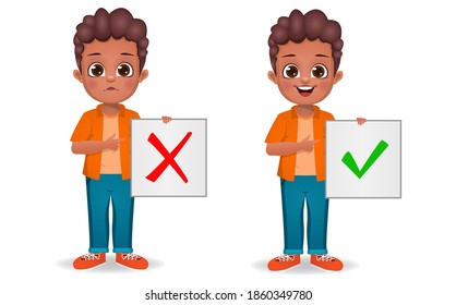 cute boy showing correct and wrong sign